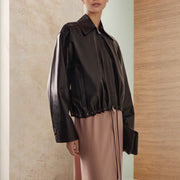 Fashionable Polo Collar Glossy Leather Loose Design