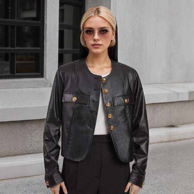 Round Neck Metal Buckle PU Leather Jacket