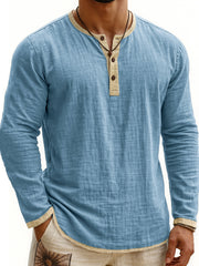 Digital Printing Two-tone Henley Shirt 3-button Men's Casual Long Sleeve