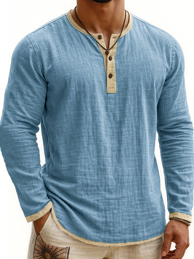 Digital Printing Two-tone Henley Shirt 3-button Men's Casual Long Sleeve