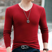 Winter Long Sleeve Slim Fit Solid Color And V-neck T-shirt