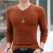 Winter Long Sleeve Slim Fit Solid Color And V-neck T-shirt