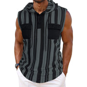 Men's Striped Sleeveless Hooded Vest Pocket