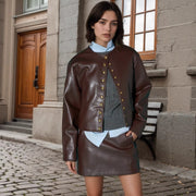 Gold Button Fashion Short Leather Coat