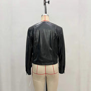Round Neck Metal Buckle PU Leather Jacket
