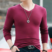 Winter Long Sleeve Slim Fit Solid Color And V-neck T-shirt