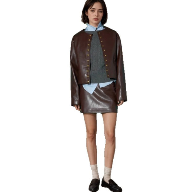 Gold Button Fashion Short Leather Coat