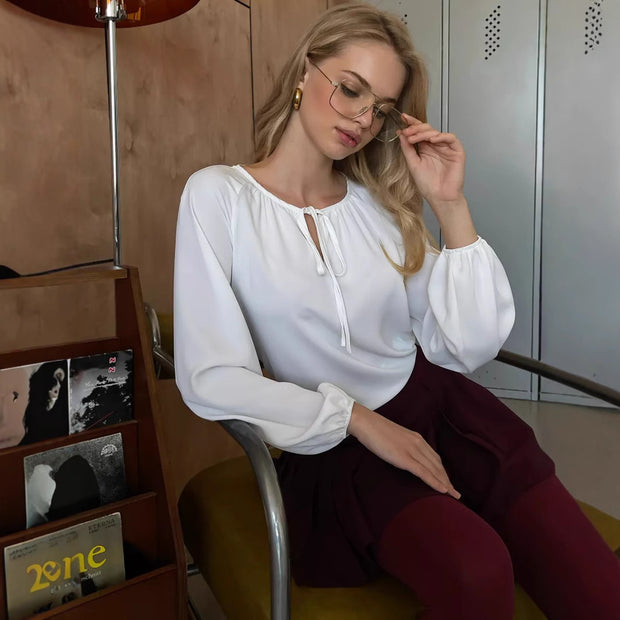 Lace-up Crew Neck Shirt Long Sleeve Simple And Stylish