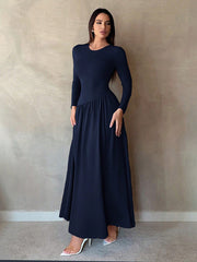 Base Pleated Solid Color Long Dress