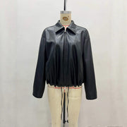 Fashionable Polo Collar Glossy Leather Loose Design