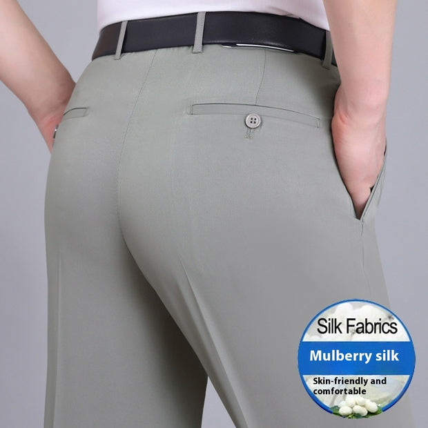 Men's Mulberry Silk Suit Pants Business Straight High Waist
