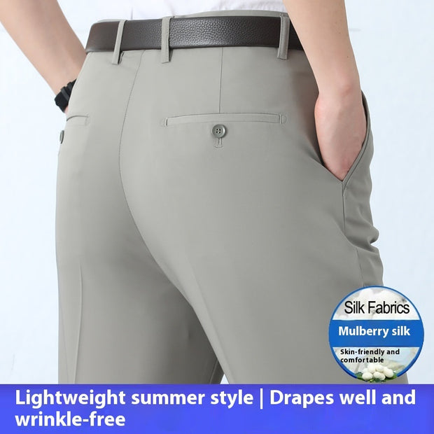 Men's Mulberry Silk Suit Pants Business Straight High Waist