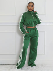 Striped Suit Zipper Thickening Sweater Leisure Commute Two-piece Set