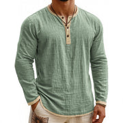 Digital Printing Two-tone Henley Shirt 3-button Men's Casual Long Sleeve