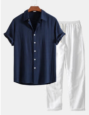 Casual Loose Multi-color Beachwear Cotton And Linen Short Sleeve Suit