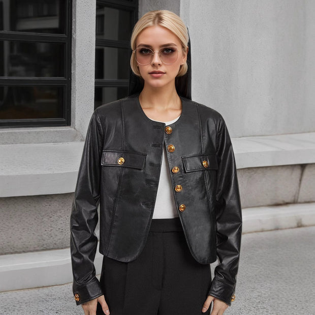 Round Neck Metal Buckle PU Leather Jacket