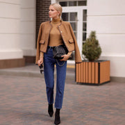 Fashion Round Neck Metal Button Design Short Coat