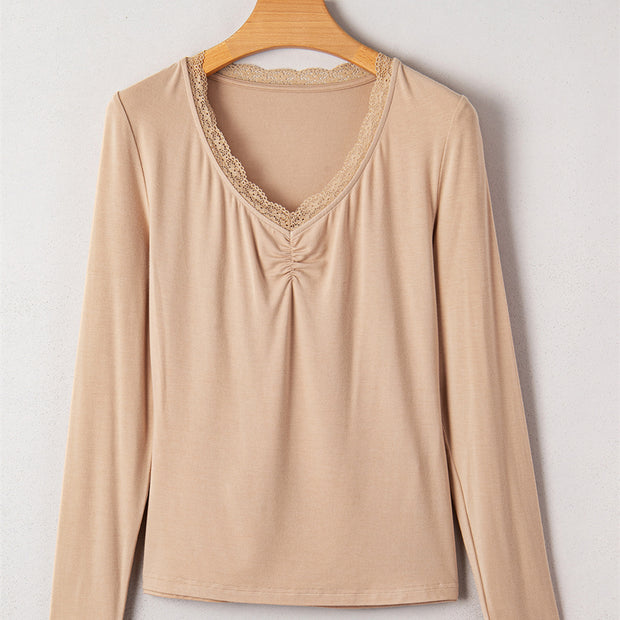 Female Solid Color Lace Trim Long Sleeve Casual Top