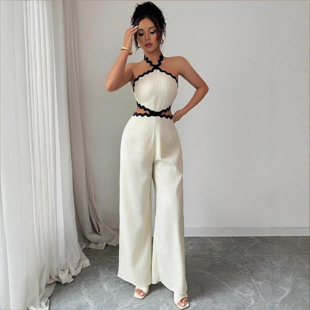Women's Fashionable Wave Lace Texture Halter Stitching Hollow-out Jumpsuit