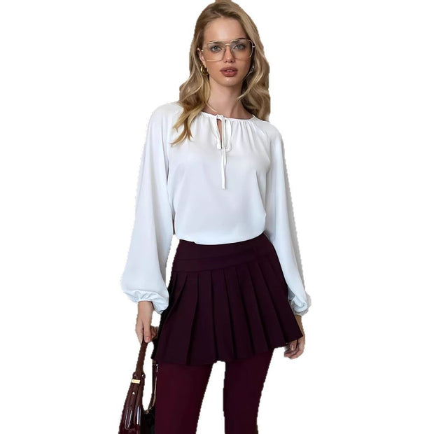 Lace-up Crew Neck Shirt Long Sleeve Simple And Stylish