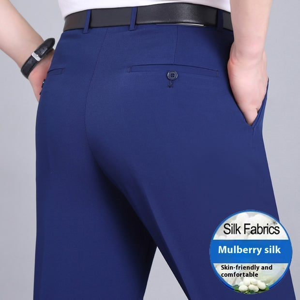 Men's Mulberry Silk Suit Pants Business Straight High Waist