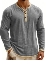 Digital Printing Two-tone Henley Shirt 3-button Men's Casual Long Sleeve