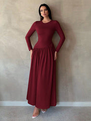 Base Pleated Solid Color Long Dress