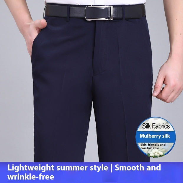 Men's Mulberry Silk Suit Pants Business Straight High Waist