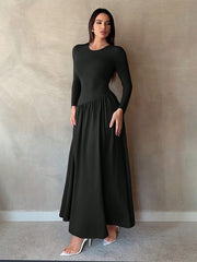Base Pleated Solid Color Long Dress