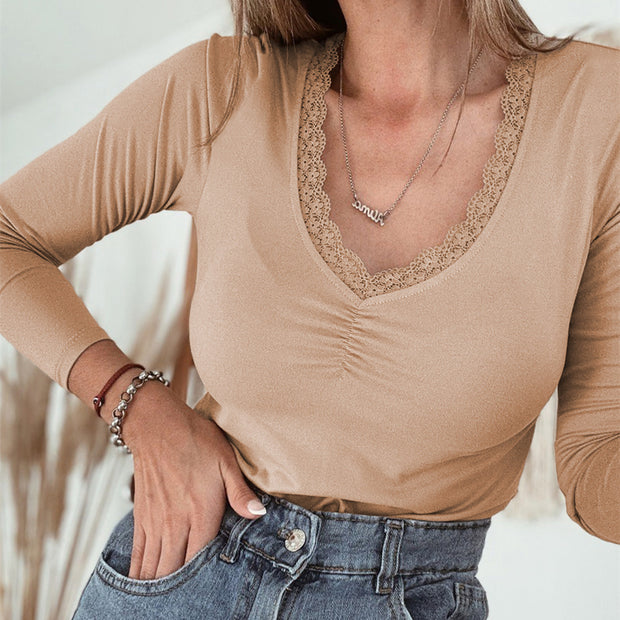 Female Solid Color Lace Trim Long Sleeve Casual Top