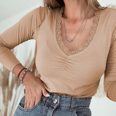 Female Solid Color Lace Trim Long Sleeve Casual Top
