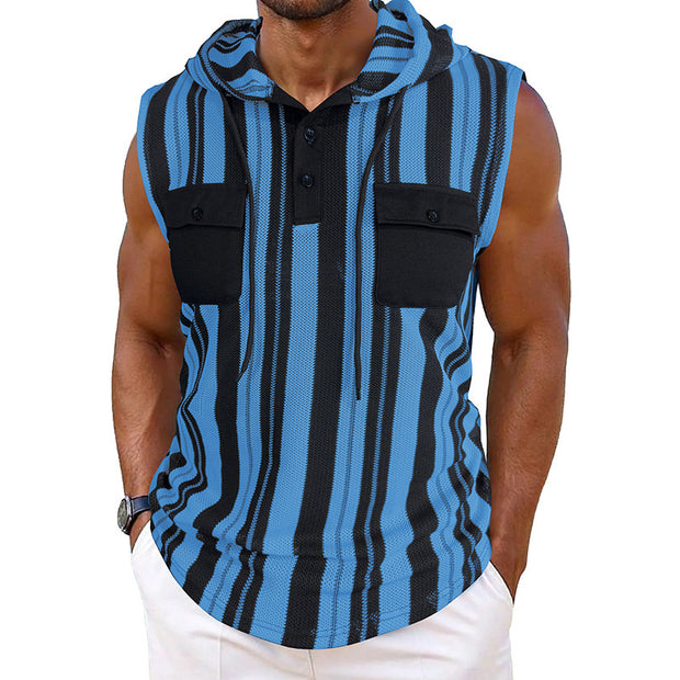 Men's Striped Sleeveless Hooded Vest Pocket