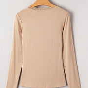 Female Solid Color Lace Trim Long Sleeve Casual Top