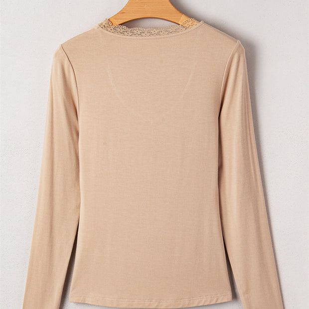 Female Solid Color Lace Trim Long Sleeve Casual Top