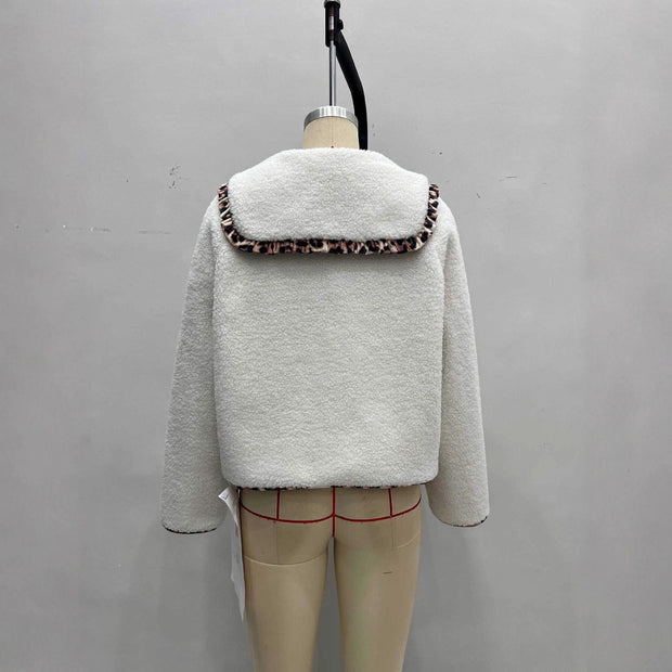 Leopard Splicing Doll Collar Lamb Plush Coat Women