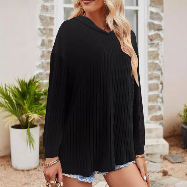 Solid Long Sleeves Sunken Stripe Sweater