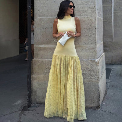 High Collar Temperament Slim-fitting Patchwork Long Fashion Polka Dot Dress