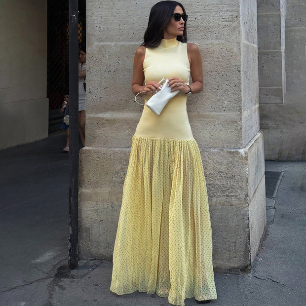 High Collar Temperament Slim-fitting Patchwork Long Fashion Polka Dot Dress