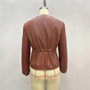 Round Neck Brown Drawstring Short Long Sleeve Leather Coat