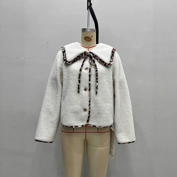 Leopard Splicing Doll Collar Lamb Plush Coat Women