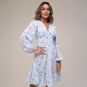 Printed Crimp V-neck Long Dress Women