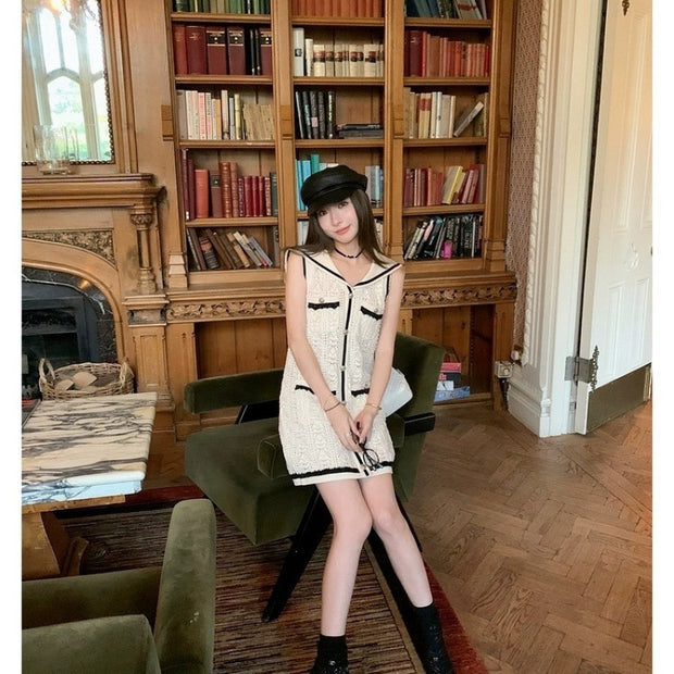 Classic Style Hollow Out Sleeveless Knitted Dress Female Elegance Retro Short Skirt