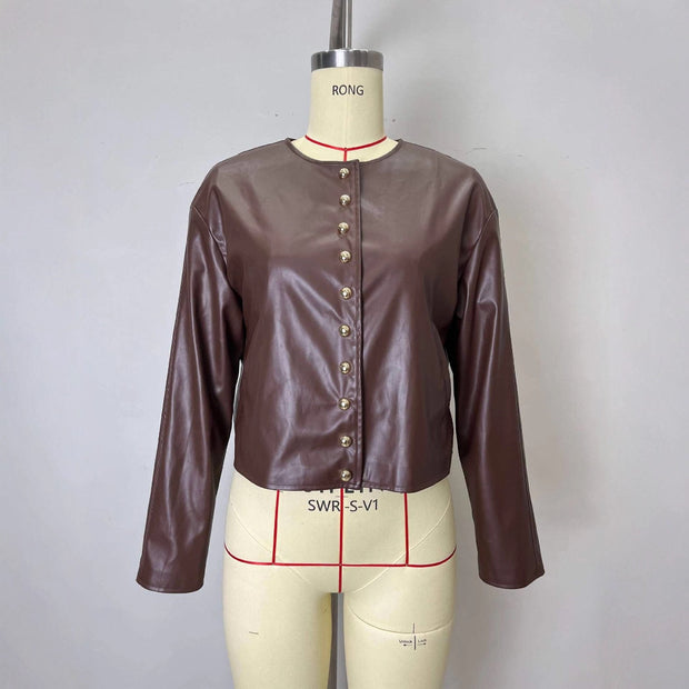 Gold Button Fashion Short Leather Coat