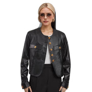 Round Neck Metal Buckle PU Leather Jacket
