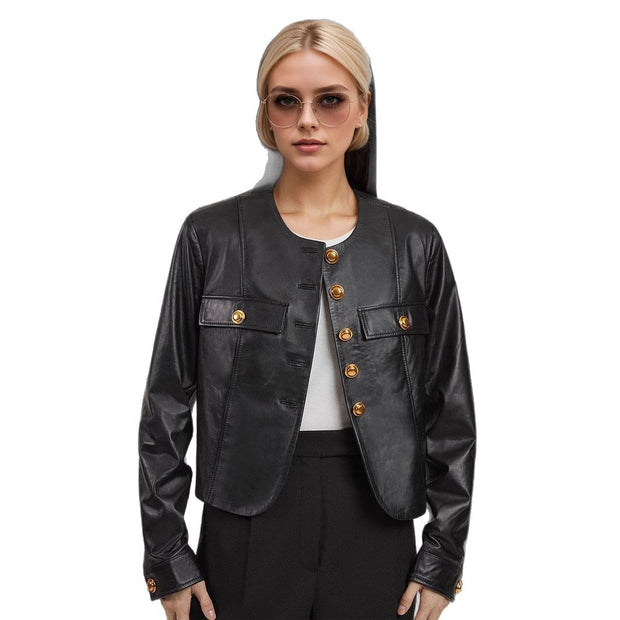 Round Neck Metal Buckle PU Leather Jacket