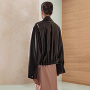 Fashionable Polo Collar Glossy Leather Loose Design