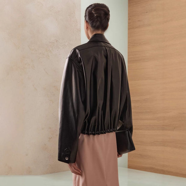 Fashionable Polo Collar Glossy Leather Loose Design