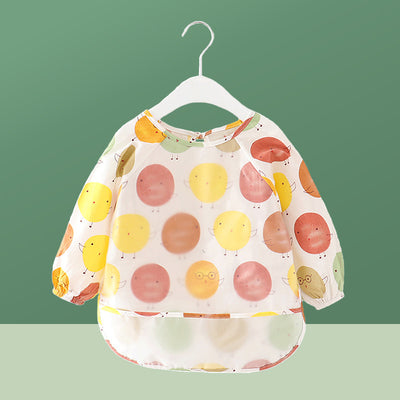 Children In Waterproof Overalls Wear Bibs For Eating