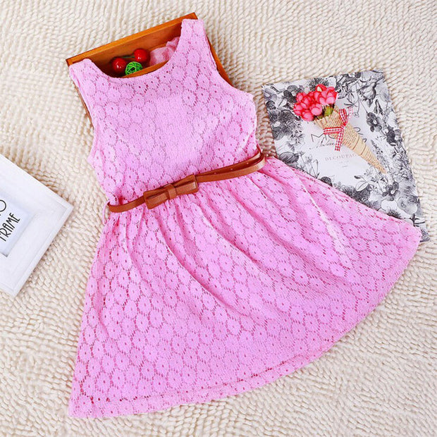 Summer Foreign Trade Children's Wear Korean Princess Dress Lace Hollow Belt Sleeveless Children Shirt Spot Delivery