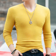 Winter Long Sleeve Slim Fit Solid Color And V-neck T-shirt